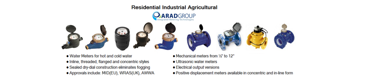 High quality multi-jet, woltman, positive displacment and ultrasonic water meters produced by Arad. MID and WRAS approved.
